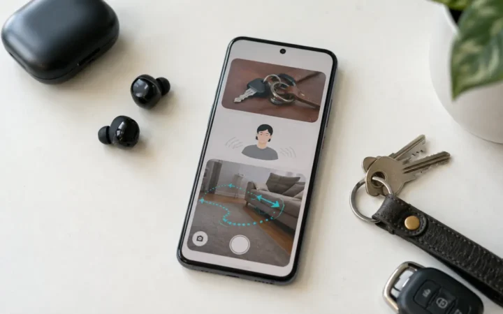 Android phone showing generic remembered-item and motion-assistance panels beside keys