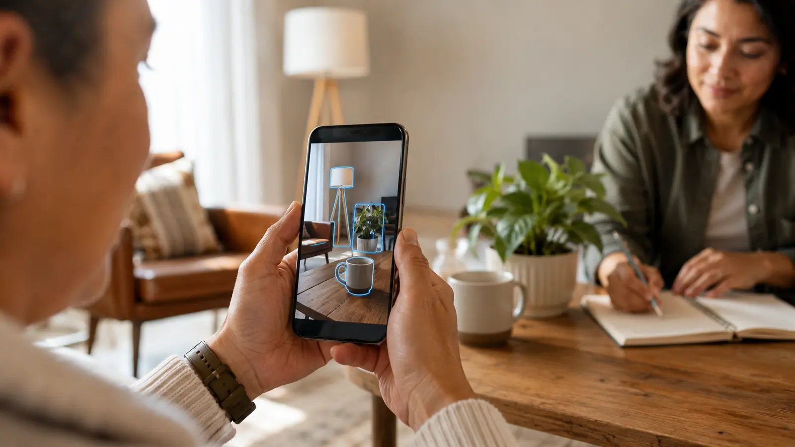 Person using a phone camera to identify household objects while another writes a shared list