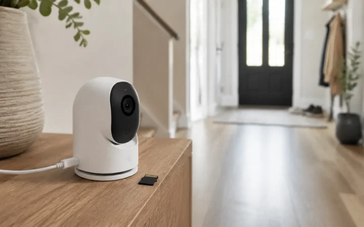 Compact white wired indoor camera beside a microSD card in a bright entryway