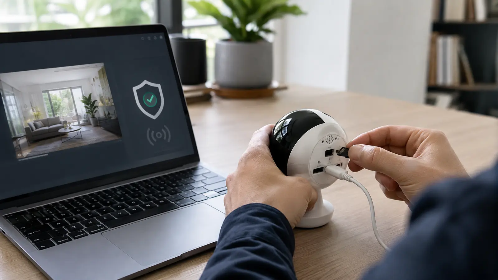 Person inserting a microSD card into a wired camera beside a laptop showing local video
