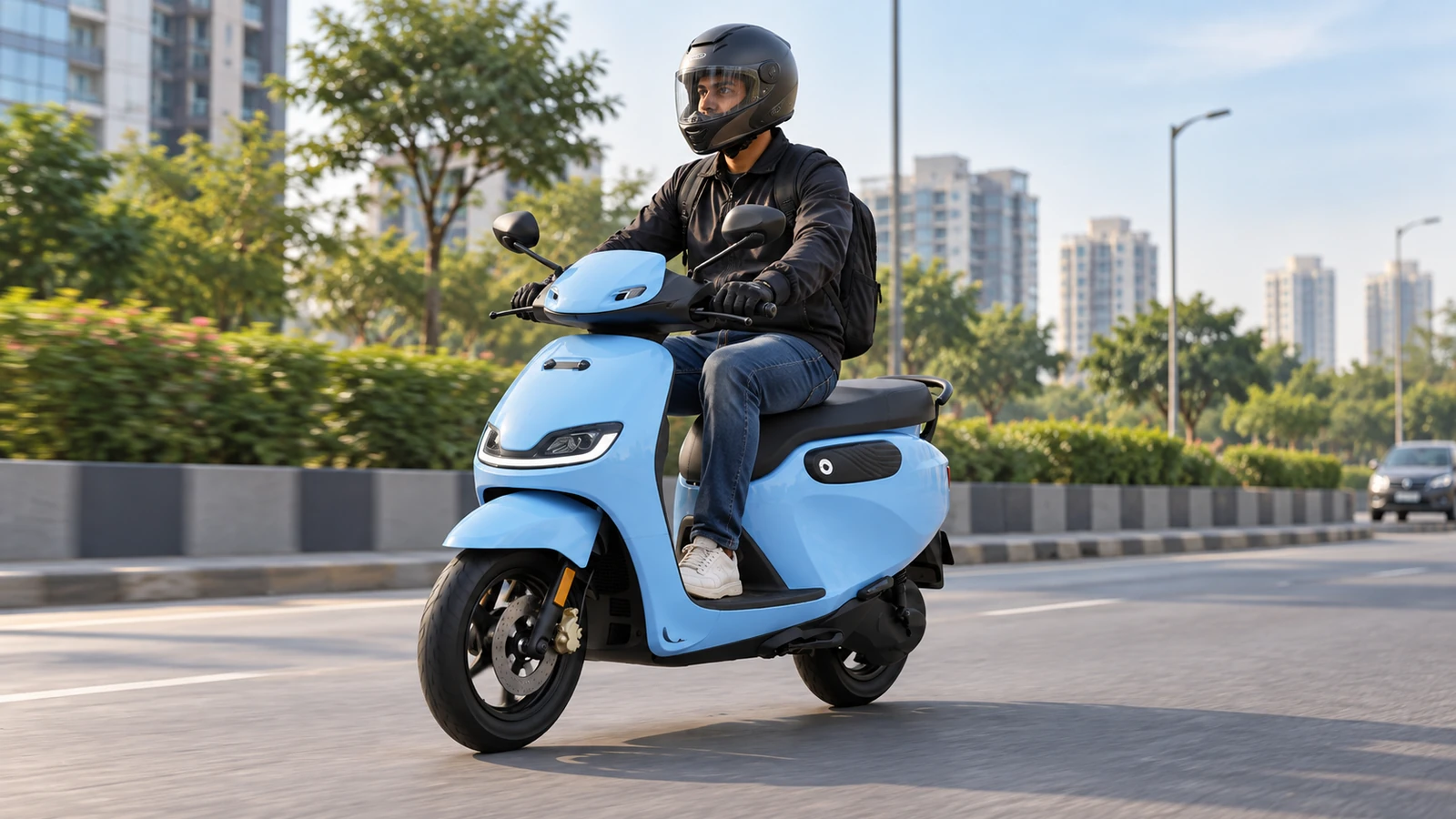 Helmeted rider commuting on a polar blue electric scooter along a modern city road.