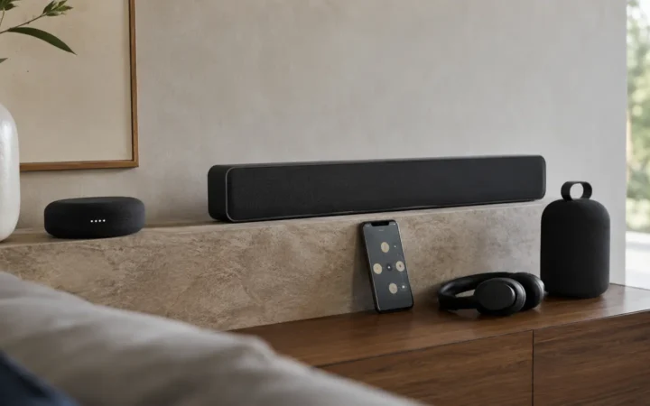 Multiroom speaker, soundbar, portable speaker and headphones beside a phone