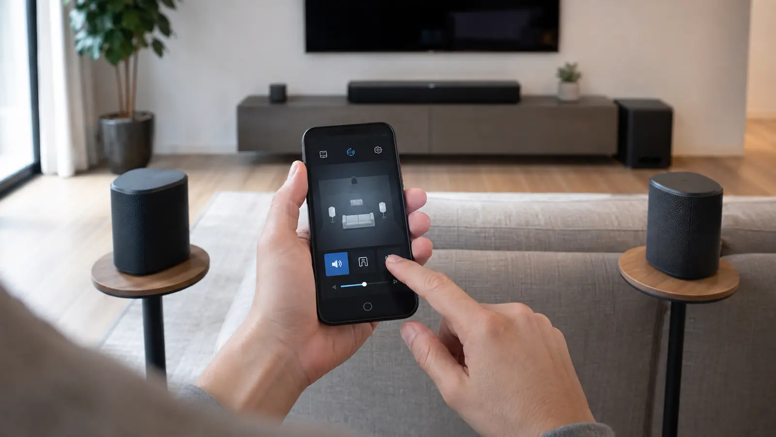 Hands configuring two portable speakers as rear surrounds in a living room