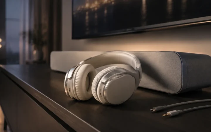 Cream over-ear headphones in front of a compact premium soundbar and television