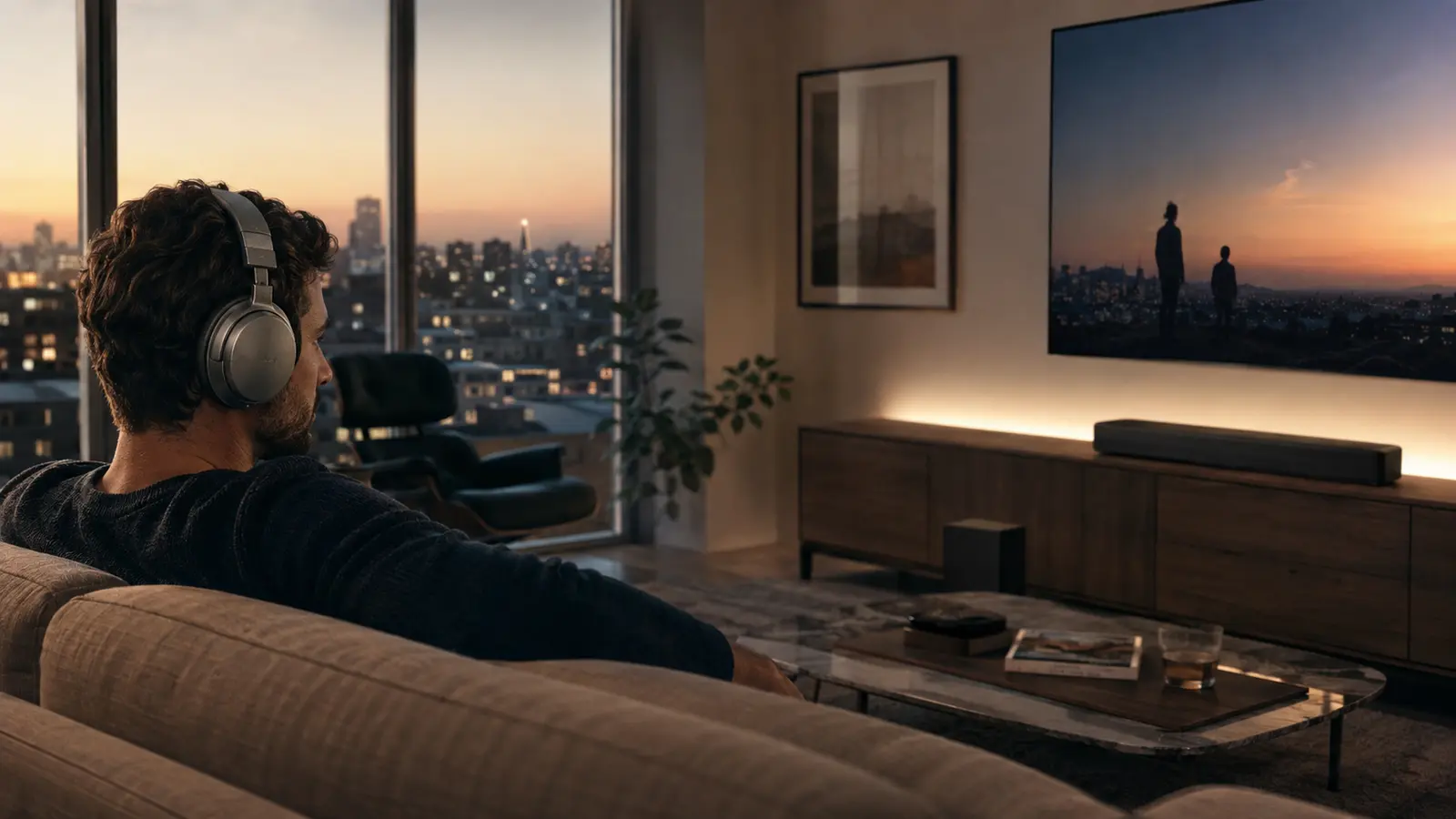 Listener wearing over-ear headphones while watching a television with a soundbar