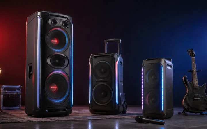 Three illuminated party speakers in large, medium and compact sizes with microphone and guitar