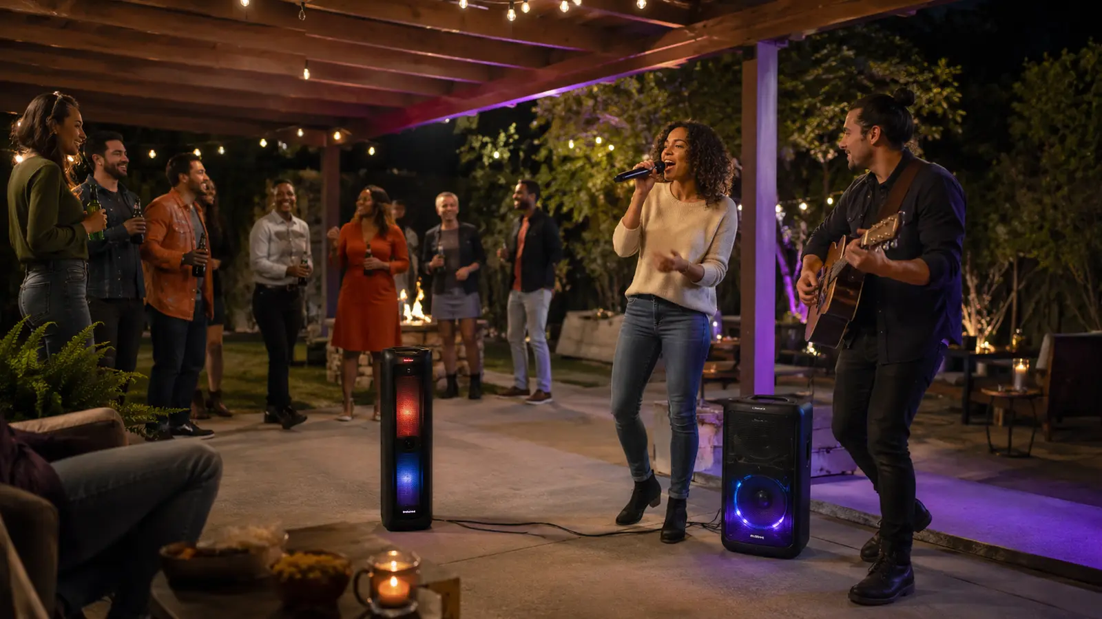 Garden gathering with karaoke microphone, guitar and two portable party speakers under cover
