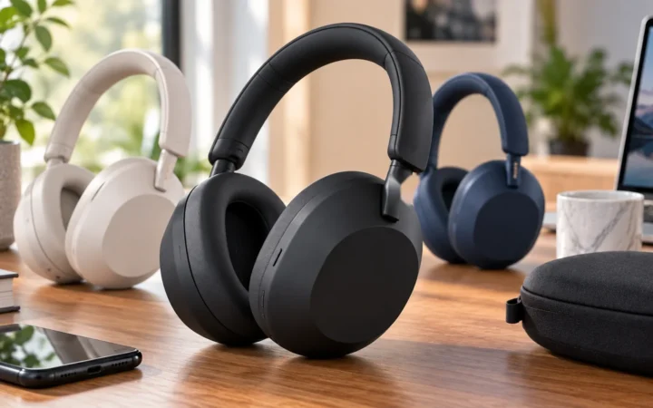 Matte black over-ear noise-cancelling headphones on a wooden desk beside a laptop, phone and carrying case.
