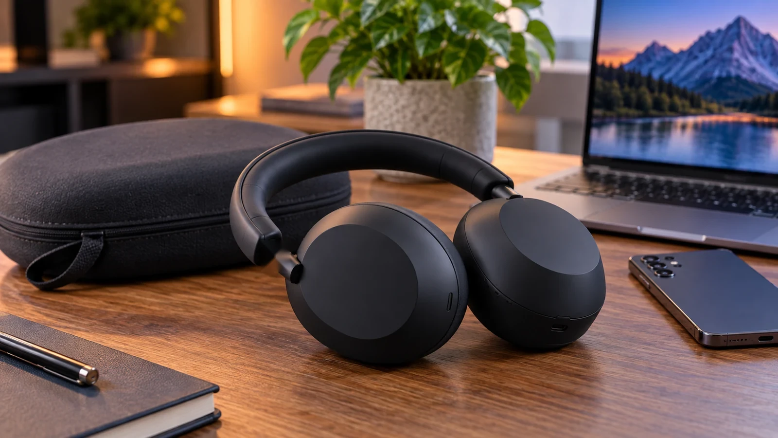 Black premium over-ear headphones displayed beside a laptop and carrying case in a warm remote-work setting.