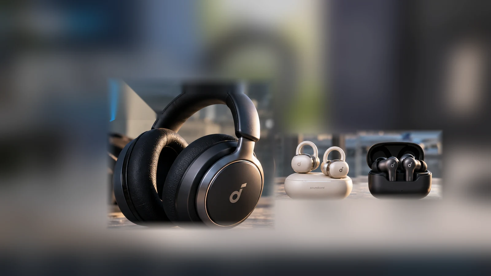 Premium over-ear headphones with open-ear clip earbuds and compact ANC earbuds in a travel and everyday listening environment.