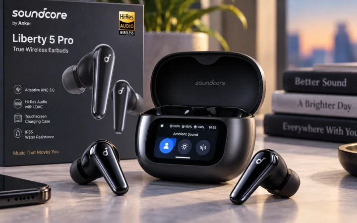 Soundcore Liberty 5 Pro earbuds and smart-screen charging case
