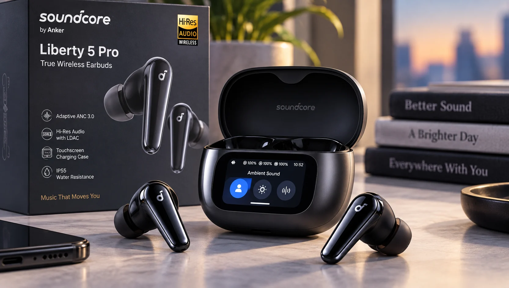 Soundcore Liberty 5 Pro earbuds and smart-screen charging case