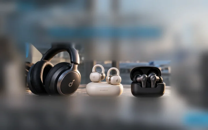 Over-ear headphones, open-ear clip earbuds and compact in-ear earbuds displayed together in a modern audio product scene.