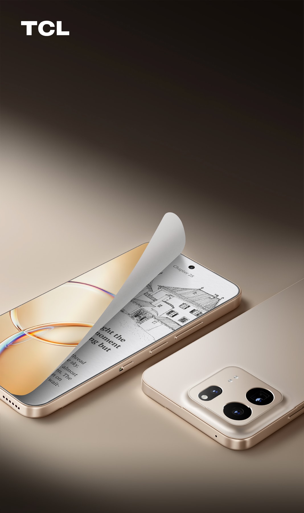 TCL P80 Ultra shown from the front and rear with an official page-turning NXTPAPER reading visual.