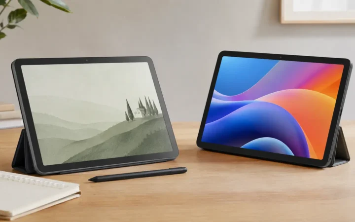 Editorial visualization of two 11-inch tablets, one glossy and one matte, beside a digital pen