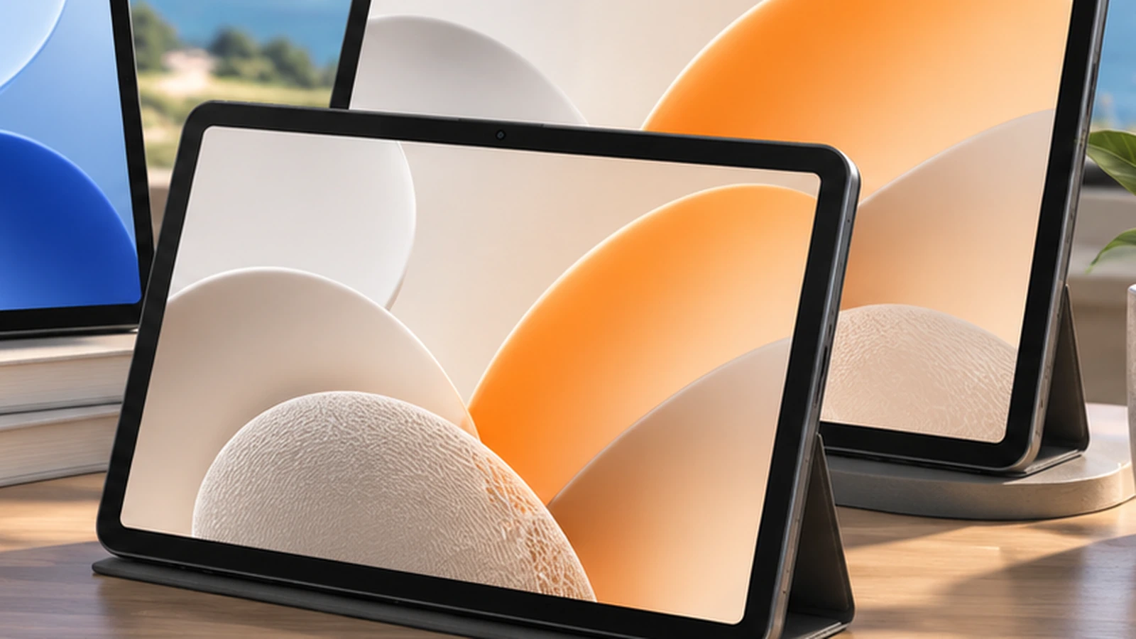 Large matte-style Android tablet on a bright desk beside a stylus, emphasizing a spacious 3:2 reading and productivity layout.