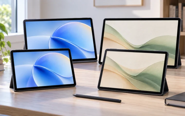 Four slim Android tablets arranged on a desk, showing two smaller and two larger screen sizes with glossy and matte-style display finishes.