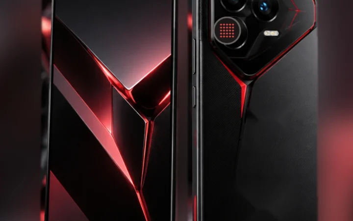 Black and red gaming smartphone shown from the front and rear with a triangular camera area and central red accent line.