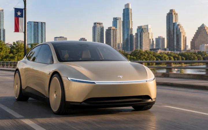 Gold two-seat autonomous robotaxi-style vehicle driving on an Austin bridge with the city skyline in the background.