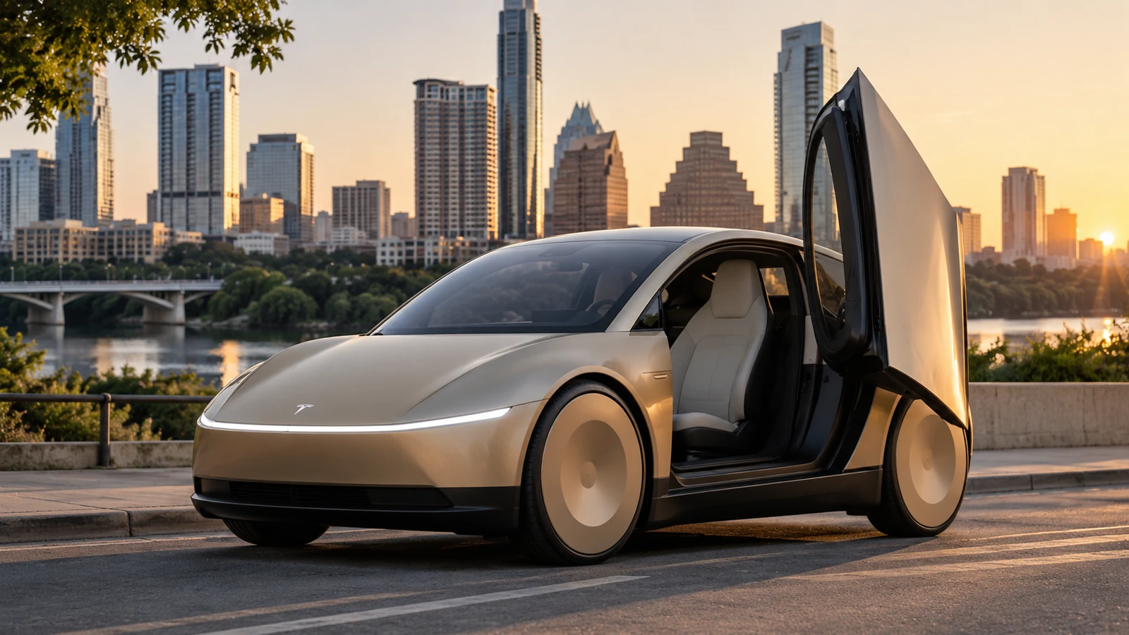 Gold autonomous two-seat robotaxi-style vehicle at an Austin pickup area with an upward-opening passenger door.