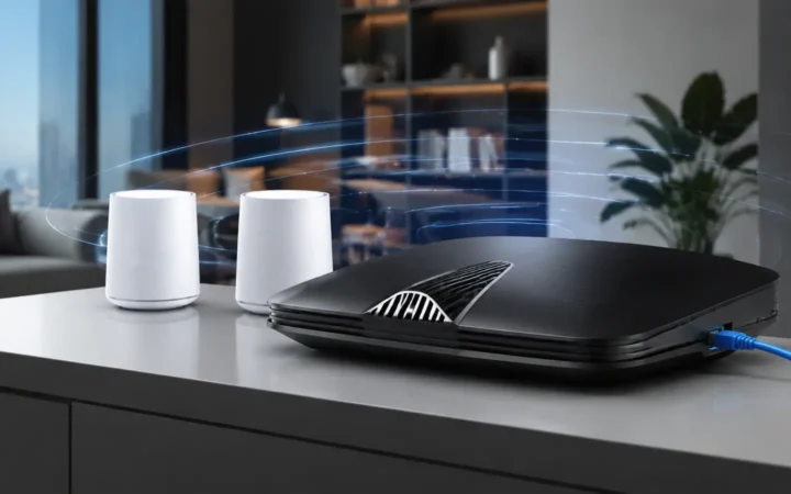 Black next-generation router beside two white mesh nodes and an Ethernet cable