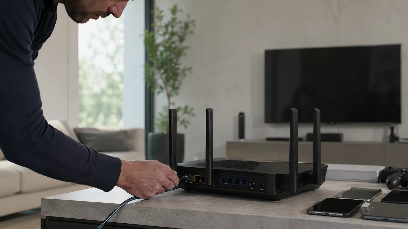 Person connecting Ethernet to a router beside current phones, laptop, console and television