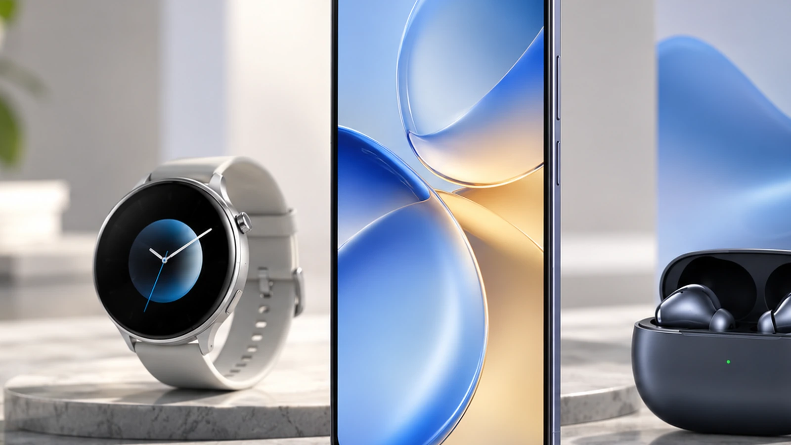 Modern smartphone beside a smartwatch in a clean technology workspace with coordinated translucent interface lighting.