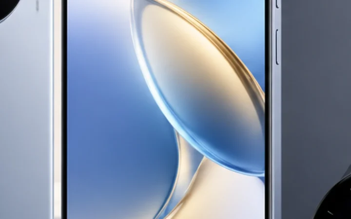 Modern smartphone displaying a clean translucent abstract interface with layered cards and fluid lighting.