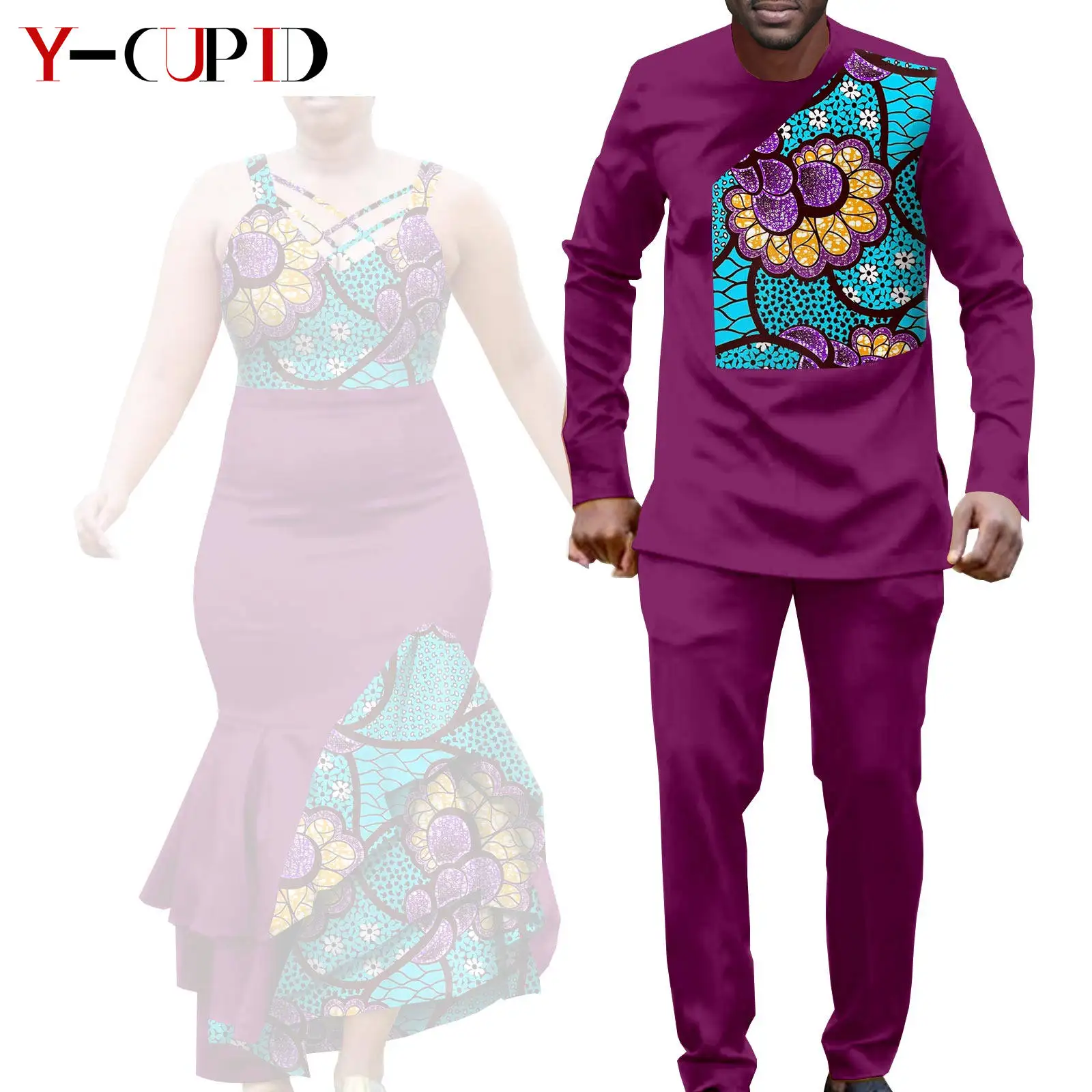 African Clothes for Couple Print Long Dresses for Women Dashiki Men Outfits Shirts and Pants 2 Piece Sets for Wedding A21C005 - Image 19